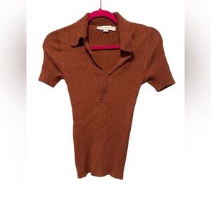 Loft Brown Ribbed Short Sleeve Top XS